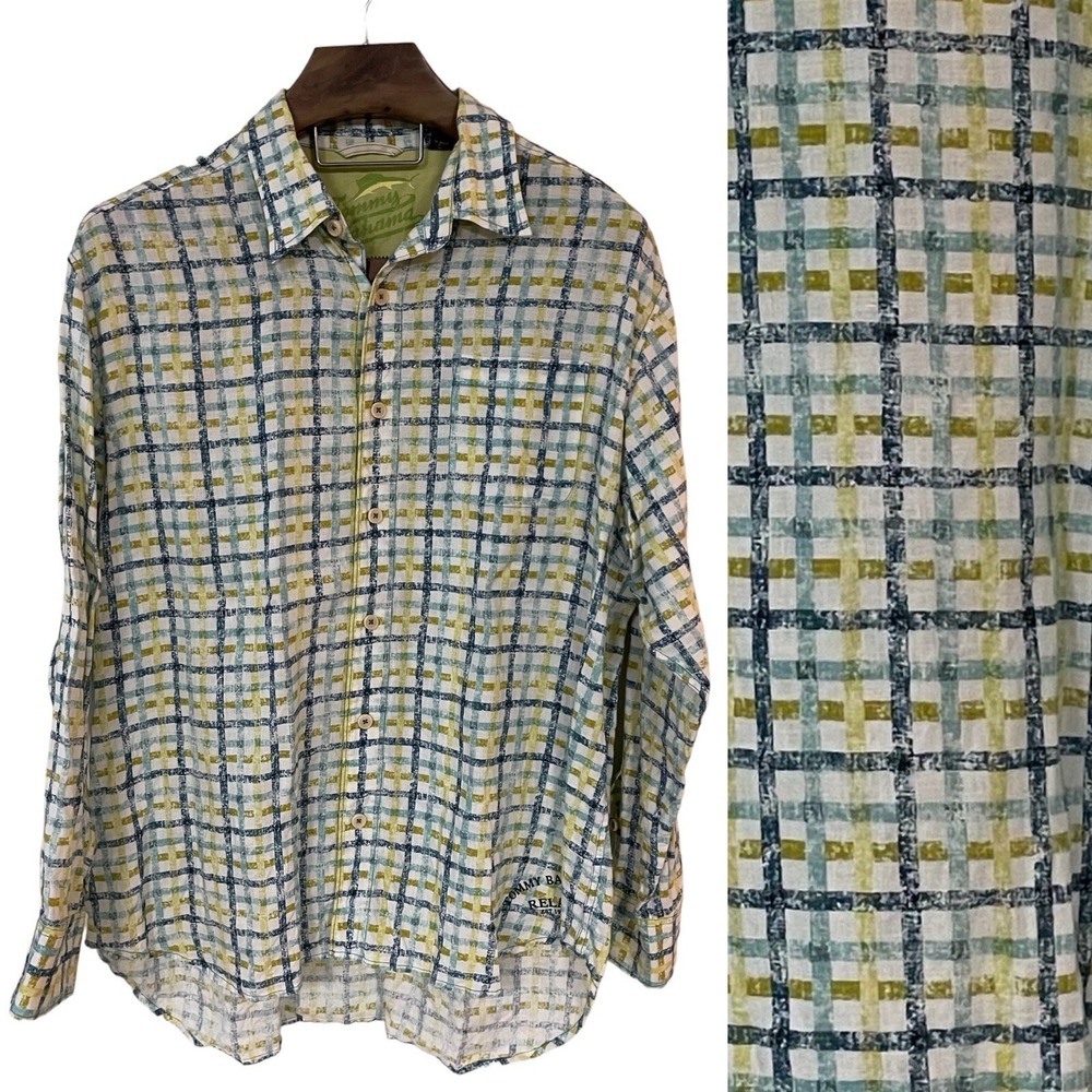 Tommy Bahama Men's Blue Yellow White Plaid Check Linen Button Up Shirt XL Preppy
